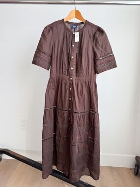 NWT Gap Brown Inset Lace Maxi Dress SS Crochet Style FA22 (S) Boho Festival